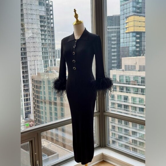 🆕 REBECCA VALLANCE 🧿 NWOT Soraya Feather-Trimmed Knit Midi Dress, Black - Sz S - Picture 12 of 14